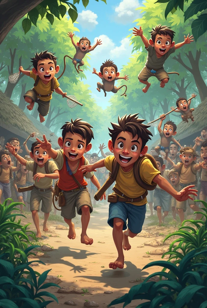 The illustration features characters dressed in primitive clothing, battling cartoon-style enemies on the ground below. The background is lush greenery and an azure sky, with yellow accents highlighting key elements like gold coins or battle smoke. 2D Art Style, Mobile Game App Design, Colorful and Vibrant, Cute, High Resolution, Fine Texture, Digital Painting, High Definition