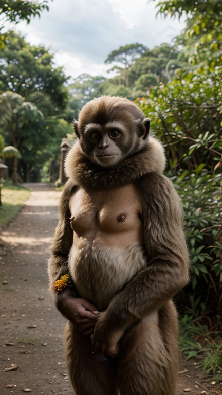 (((Masterpiece))),((top quality)),one beautiful girl,Pale, (An anthropomorphic monkey character: 1.5), (((Beautiful girl with human face:1.5)))、((brown fur:1.5)))、(belly button)、(monkey tail:1.5),(plain clothes), (skin revealing),(The background is forest 1.5).(((from the front:1.5)))、(straight front: 1.5)、(((Skip:1.5)))、