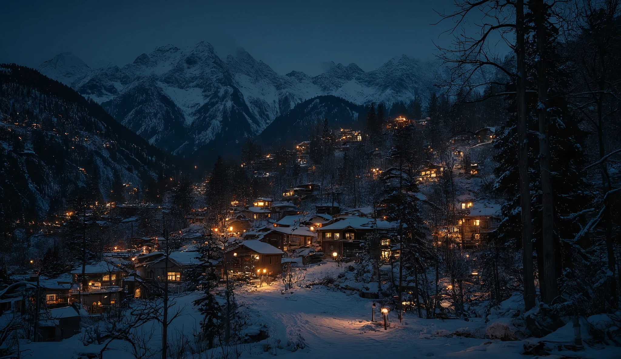 A close-up photo teaches himala mountains about the twinkling of lights decorated in a Christmas theme ,winter at night.black tones have many houses that illuminate the landscape covered with snow and pine trees . teaching the Himalayas at night, The contrast of dark night and low light highlights the calm eastern tones. The overall style evokes warmth and comfort