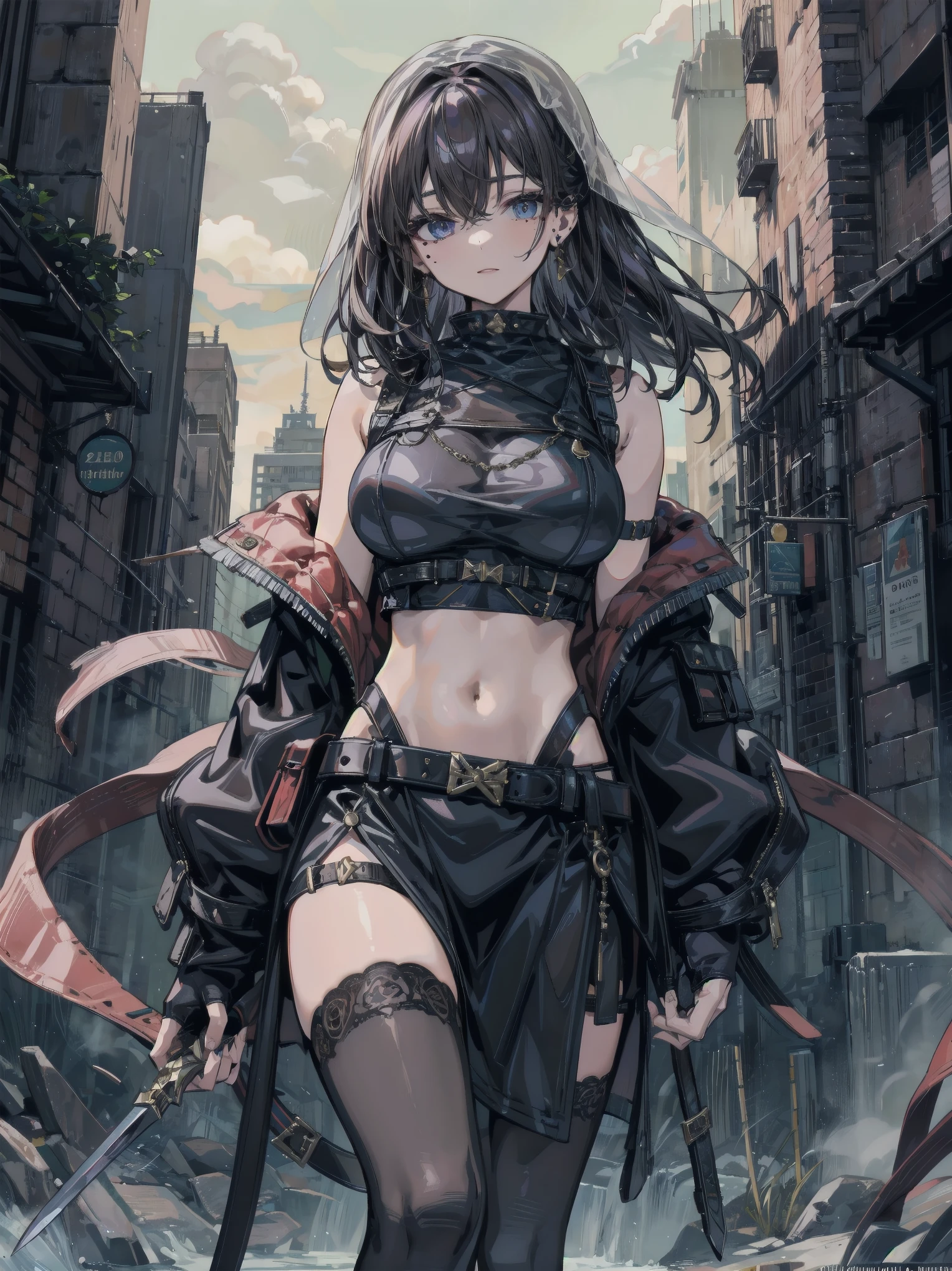 ubel,dark green hair,long hair,side ponytail,hair between eyes,bangs, BREAK (beret, black jacket, open clothes, cleavage, midriff, black shorts, black thighhighs, thigh strap, fingerless gloves, single glove:1.2), Photo,sharpness, F1.6 lens,hyper-realistic textures,spectacular light textures, Cinestil 800 Fashion Mechanics,(((Beautiful woman with left leg restrained and hung by chains))),Appearance,Beautiful girl with accentuated slender abs: 1.1,six-pack abs: 1.1, Bust Botox,Standing on tiptoe, long legs,Long brown hair fluttering in the wind,Brown hair, Long hair, Female Warrior Costume,(No panties,No bra),(tacticul battle fashion,elbow and knee tacticul battle fashion, battle glove: 1.1),((cute batre costume)),The belly comes out and the navel is visible,Thin sheer costume, combat gloves,shredded costumes,cyber long combat boots with golden knee pads,Anatomical,(futuristic sci-fi battle fashion, new elbow and knee cyberpads, new cyberlong boots, new cybergloves: 1.1),(tied perfectly by iron chain), Restraint, Slave, collars, contempt, (Chained), 4 chains hung from heaven, Metallic shackles and fetters, wet crotch clearly visible,((Hands are restrained above the head)), the neck is chained,Chain from left knee to heaven,Chained by rusty iron chains,((the tip is protruding, areolas protruding,The shape of the pubic area is clearly visible:1.2)),Sweating,Wet,Wet crotch,Wet thighs,Junkyard, Realistic, (cute, perfect clothes, skimpy clothes, cute: 1.3) ,Vast miritary base in us,((wide mirtary hospital with summer sunlight)), peeling ceilings, Rebar between, Realistic material details, Extreme details, Ultra-realistic materials,narrow waist,(with sparkling eyes and a contagious smile:0.9),looking at viewer,