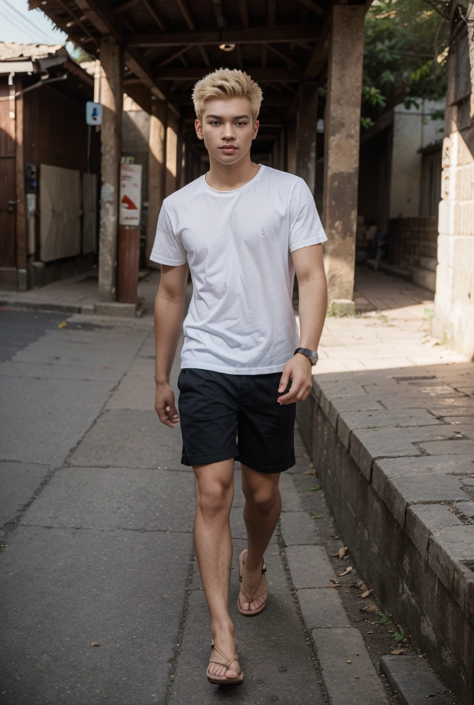 A Thai-Chinese guy 20 years old,Has a face that is 5 years younger than her actual cute and handsome face,white skin, shirtless , wearing grey tanga men's underwear, no pants,no shorts,standing in alleyway Bangkokcarry a backpack.high definition face,