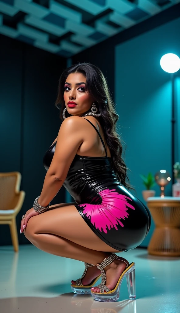 Araffe in a pink dress posing in a room., hot pink, neon pink, pink girl, pink atmosphere, dressed in a pink dress, pink body, vibrant pink, red neon, some pink, pink skin, taken in 2 0 2 0, Rosalie, with neon lights, Violet Myers, fuchsia skin, evening, succubus in short tight dress