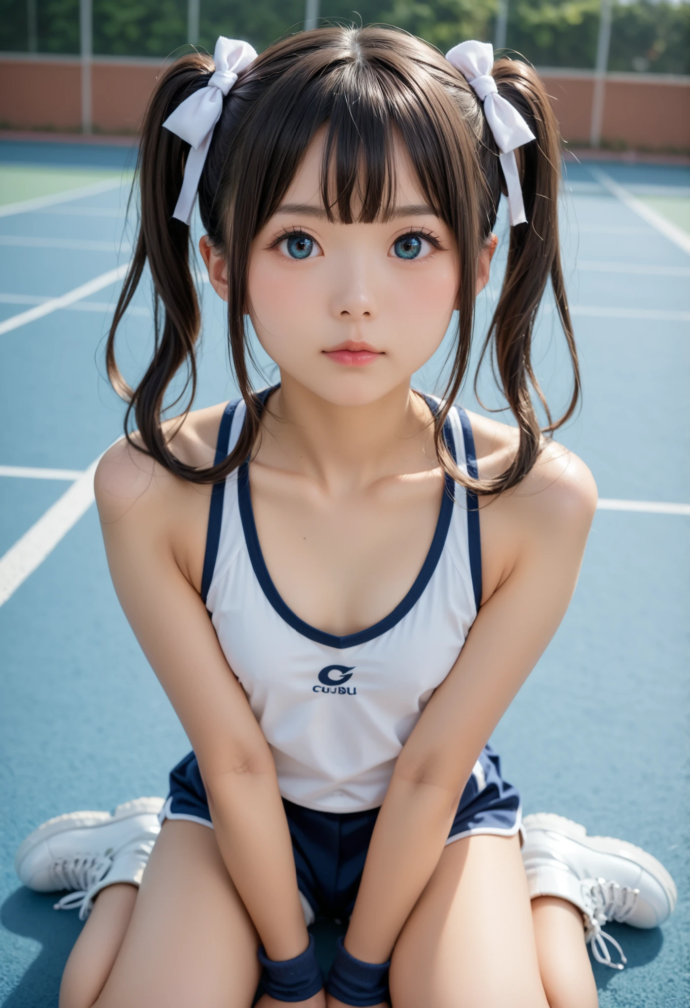(astonishingly cute Japanese girl wearing tennis wear at school club activities) 、(white miniskirt),  Gravure idol with realistic young face , young slim and surprisingly cute gravure idol , (twin tails) 、 Beautiful skin、 oily skin 、 sports boots、 realistic atmosphere， cute girl，Young Face，baby face， cute 、 Beautiful breasts with shapes that are too cute、 Too cute、 middle school student、