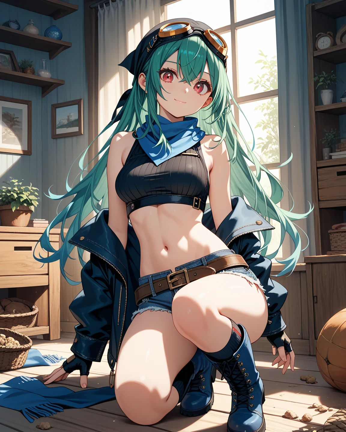 (((Best rendered quality))), (add detail:1.4), A portrait of a teasing exotic girl, ((sword art online)), ((sinon-sao), standing, voluminous detail, see through shirt lift, crop top peering , semi-torn unbuttoned booty Jean shorts, stimulating waistline, shiny skin, best shadow, (4k ultra HD), open navel, detailed midriff, overlapping thighs with fishnets, alluring beautiful face with mint green eyes, short hair, waist leaning to a side, encouraging viewer with legs
