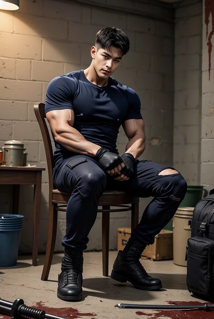 40-year-old men, Korean male officer ,thick mustache..., hairy and handsome ,Wear a dark navy police shirt..............., beige grey tight fitting trouser, Black boots and dark navy gloves.,sit on the ground , His legs spread apart..................................., Police Logo ,tight breasts ,Muscle Man , ((The arm muscles are very large...................)) ,large , Wide shoulders , open legs to the camera, expose bulge................................................... ,((unrealistic super big tight butt))....................................... ,Sexually suggestive, (Dynamic Poses:1.1) , thights , (Embossed Focus:1.2),On your knees........................., toilet cubicle at night , Best quality,deep depth of field ,Bokeh background