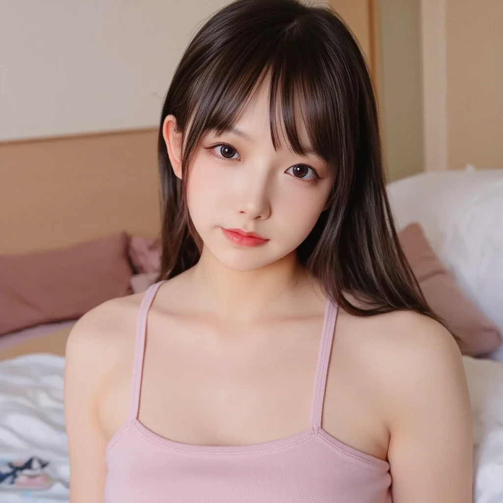 masterpiece, Best Quality,, Ultra-detailed, finely detail, hight resolution,1girl, blunt bangs, smile, blush, bed, necklace, breasts, princess dress, 、nogizaka、Beautiful brown eyes:1.3、17-year-old, red head, absurdrez, sensual, elegante, charm, shiny skin, dinive, ultra detali, high qualiy, work of art, face detailed, gorgeous eyes(detailedeyes), a face of perfect proportions