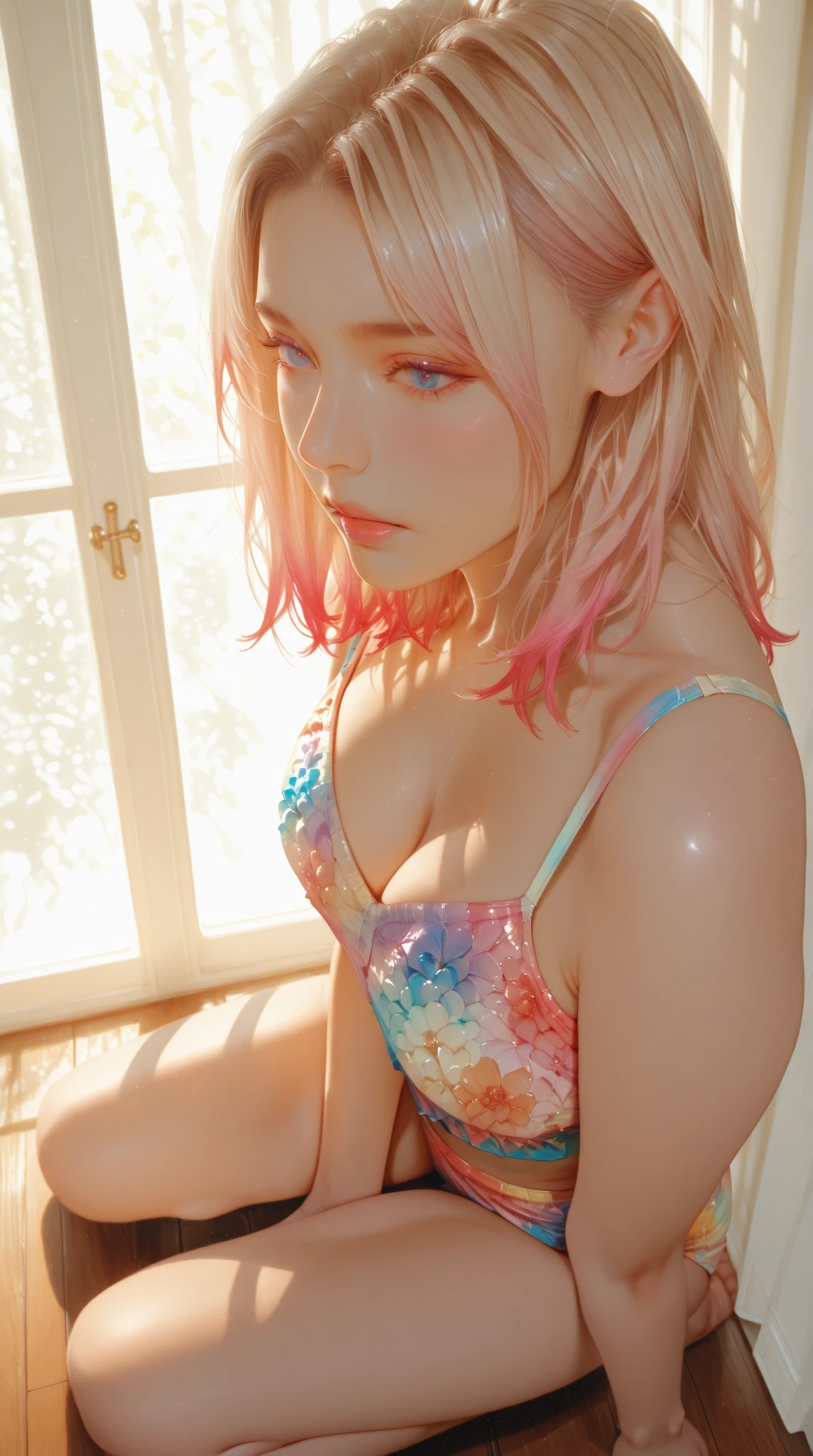 (realistic, highest quality: 1.4), (Japanese,woman,pink and white hair, (blue eyes)),((Please show me your armpits),whole body,open your legs),((transparent clothes),Gothic Lolita),(background,Rose,colorful flowers)