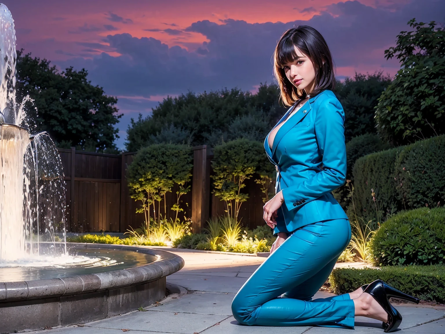 Beautiful wet mature Business woman wearing wet blue business suit. Medium cleavage. 36C. Sitting on a park bench by a fountain. Tight fitting, light blue button-down wet satin blouse with long sleeves, button cuffs, pointed collar. Lipstick, necklace, earrings. Wet Pantyhose on muscular legs and high heel strappy dress sandals. Rain massively falling down very heavy. Water running thru clothes. Soaking wet. Wet hair. Very wet clothes.