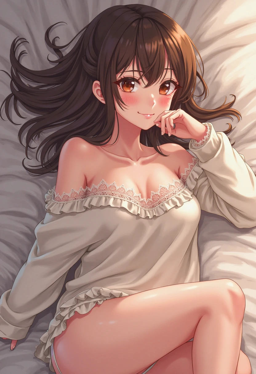 (table top, highest quality, High resolution, , perfect pixel, 4k,), 1 girl, single, alone, Beautiful woman、I could see the whole body、 ((wavy middle hair, bangs, brown hair)), ((brown eyes, beautiful eyelashes, realistic eyes)), ((detailed face, blush:1.2)), ((smooth texture:0.75, realistic texture:0.65, realistic:1.1, Anime CG style)), medium breasts, dynamic angle, perfect body, ((, beige off shoulder sweater、、black stockings、cute necklace、earrings、)), upper grade、shy smile、Luxury hotel room、sleep on your back in bed、((open legs))、angle from below、Put your arms together to accentuate your cleavage、、((Pink lace panties are visible))、