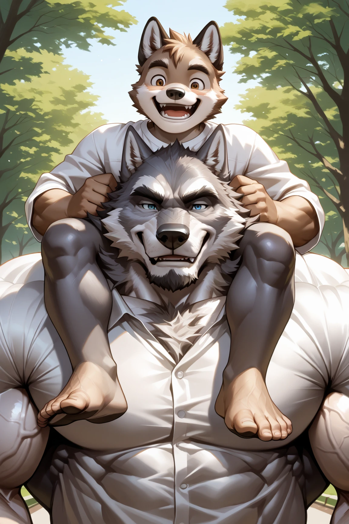 cover page, anime key visual, highres, top quality, best quality, paid reward available, High-quality illustrations, unparalleled masterpiece, perfect artwork, absurdres (heartwarming family scene)(in lush green park)(kemono werewolf father with werewolf in lap)perfect anatomy, sitting against a tree, parents smiling at , cheerful and relaxed atmosphere, bright sunny day, trees in the background, fan-created work shared on platforms Pixiv or Twitter, cinematic lighting, dynamic angle