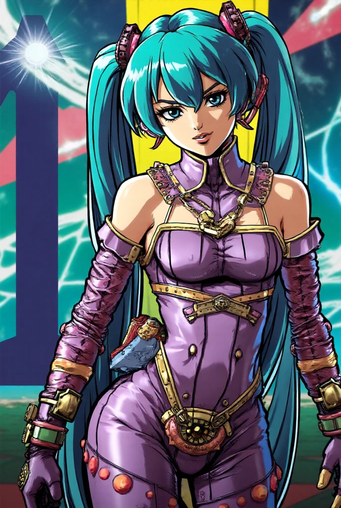 <lora:arakistyle-000006:0.5>,arakistyle,stand_(jojo),araki_hirohiko_(style),<lora:allenbyN2c:0.7>,allenby,1girl,solo,pink vest,(aqua hair:1.5),blue bodysuit,cowboy shot,belt,yellow gloves,sleeveless,bare_shoulders,turtleneck bodysuit,<lora:more_details:0.3>,<lora:NijiExpressV2:0.1>,