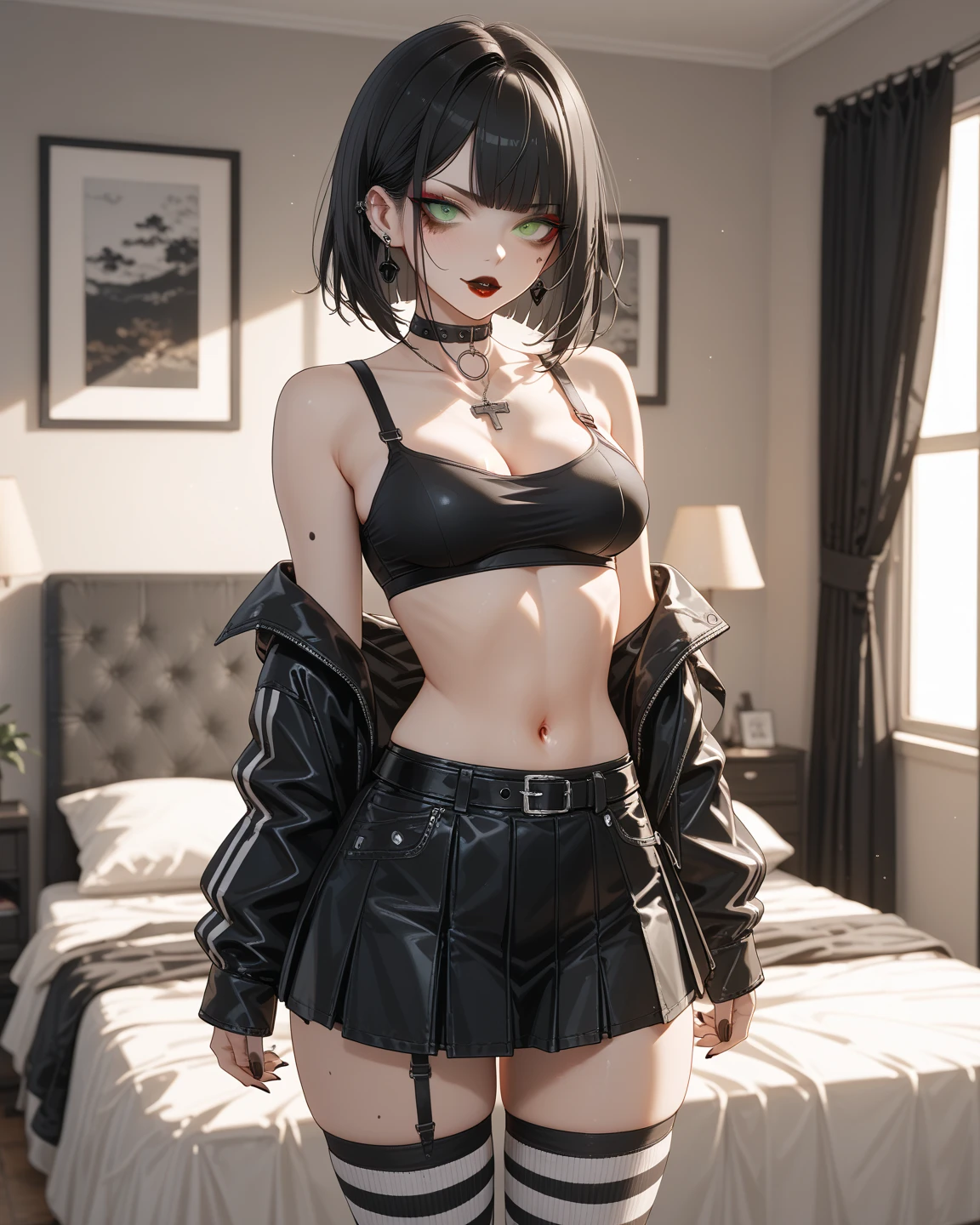 Goth woman, (goth makeup), (brown skin), (a t-shirt and skinny mini shorts), (show under ), (fishnet stockings), (navel jewellery), (pierced ears), (pierced lips), blue eyes, short messy black emo hair, (living room background), thick thighs, medium breasts, (8K), (wallpaper), (dynamic lighting), (detailed face and eyes:1.2)