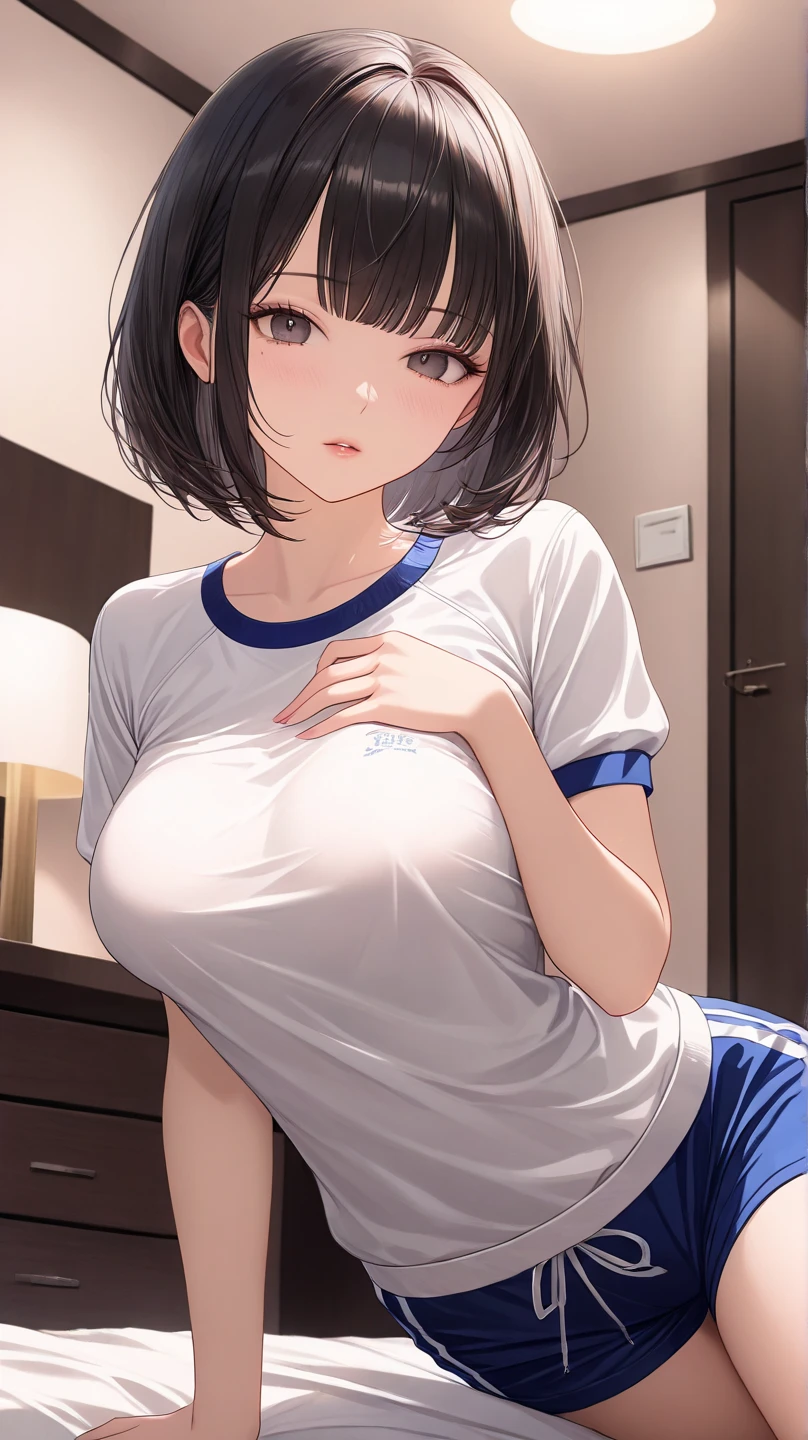 masterpiece、Highest image quality、ultra high resolution、NSFW、big breasted elementary school girl、short hair、red face、shyly、mock、Please open your mouth just a little、White sleeveless shirt that shows the chest for elementary school girls、well-shaped nipples under White sleeveless shirt that shows the chest for elementary school girls、Lounge shorts for elementary school girls、sitting on the sofa、In the living room