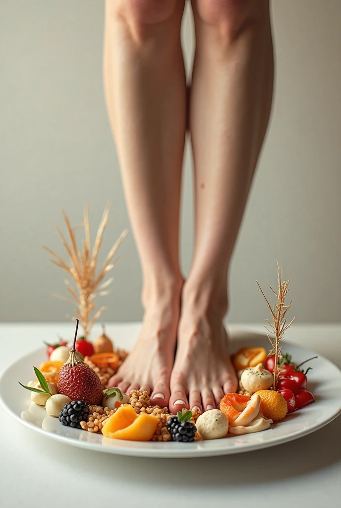 (photorealism:1.2), woman legs with food at her feet