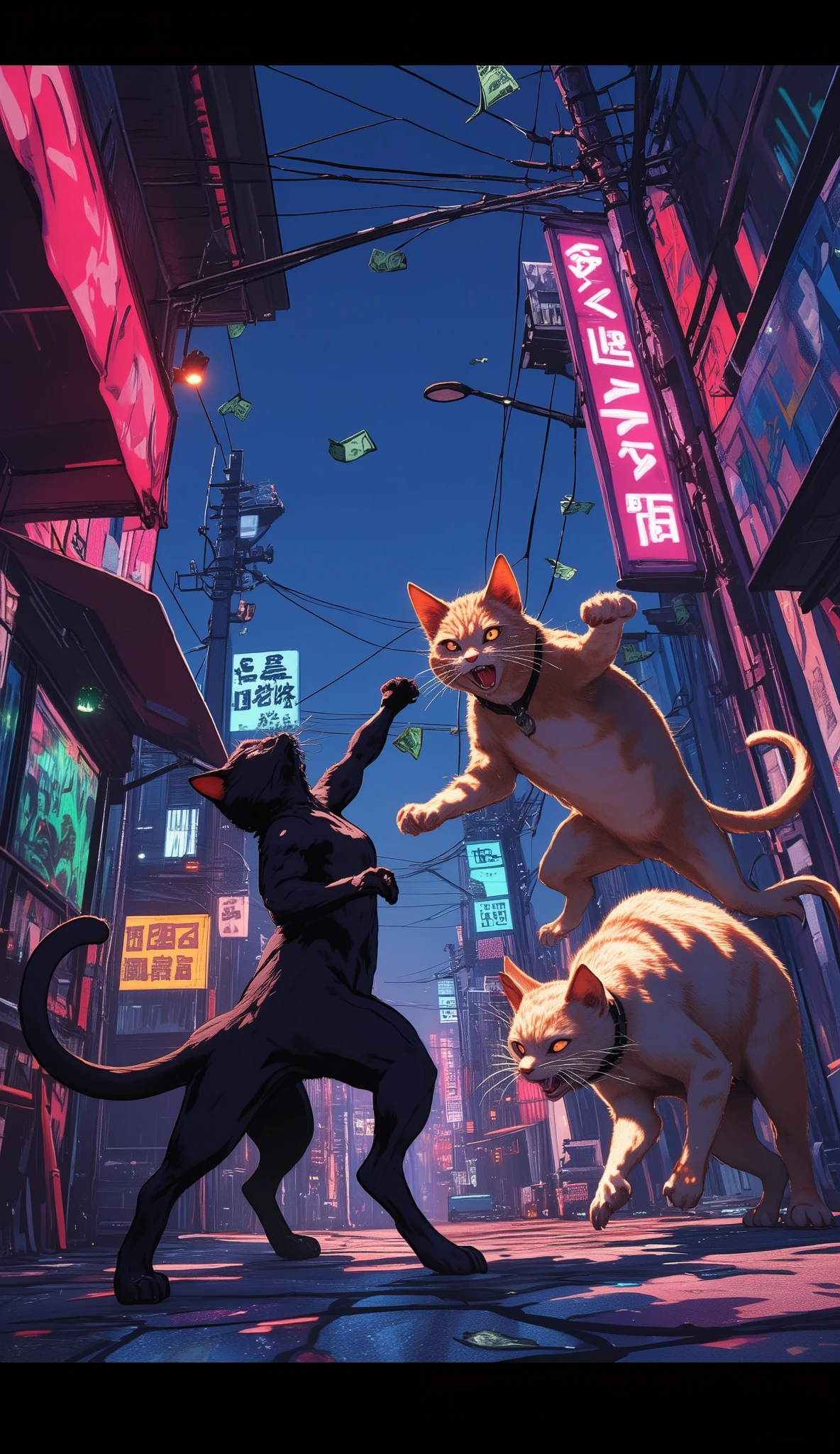 (最高傑作、最高傑作、32K, 受賞作品), GTA-style animation, cats fighting over territory in the back streets of Los Santos, bills flying, bribery