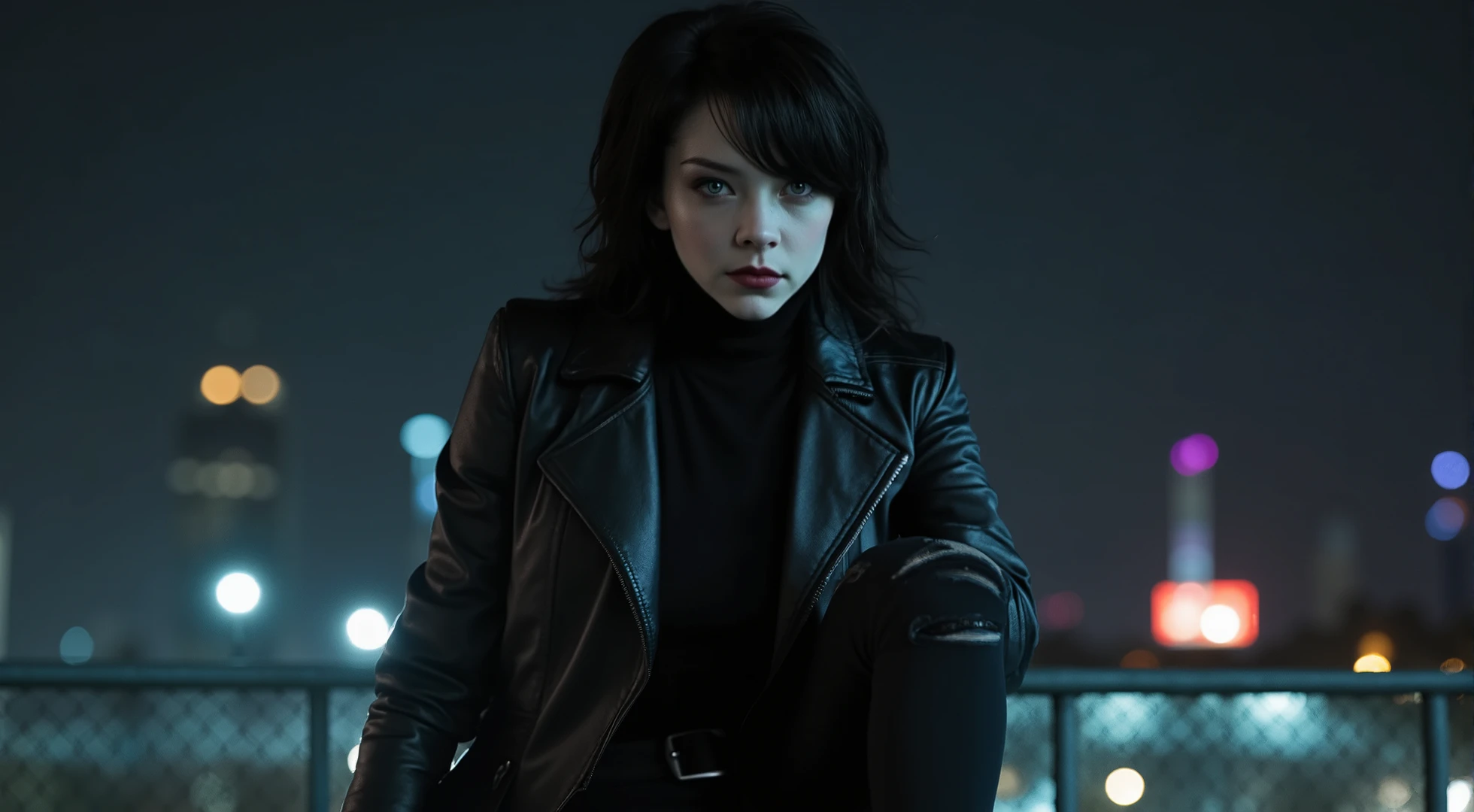 Create digital art image. An epic, villainous and beautiful young girl (20 years old) sitting on a railing/fence outdoors at night. Wearing a form-fitting black leather biker jacket. Black turtleneck. Black ripped jeans with a belt. Hands in her pockets. Detailed black makeup, black lipstick, black eyeshadow, extended eyelashes. Long black hair. Her face is small and with a well defined jawline. Her body is thin and slender. She is the only subject in the image. The background is a cityscape at night.