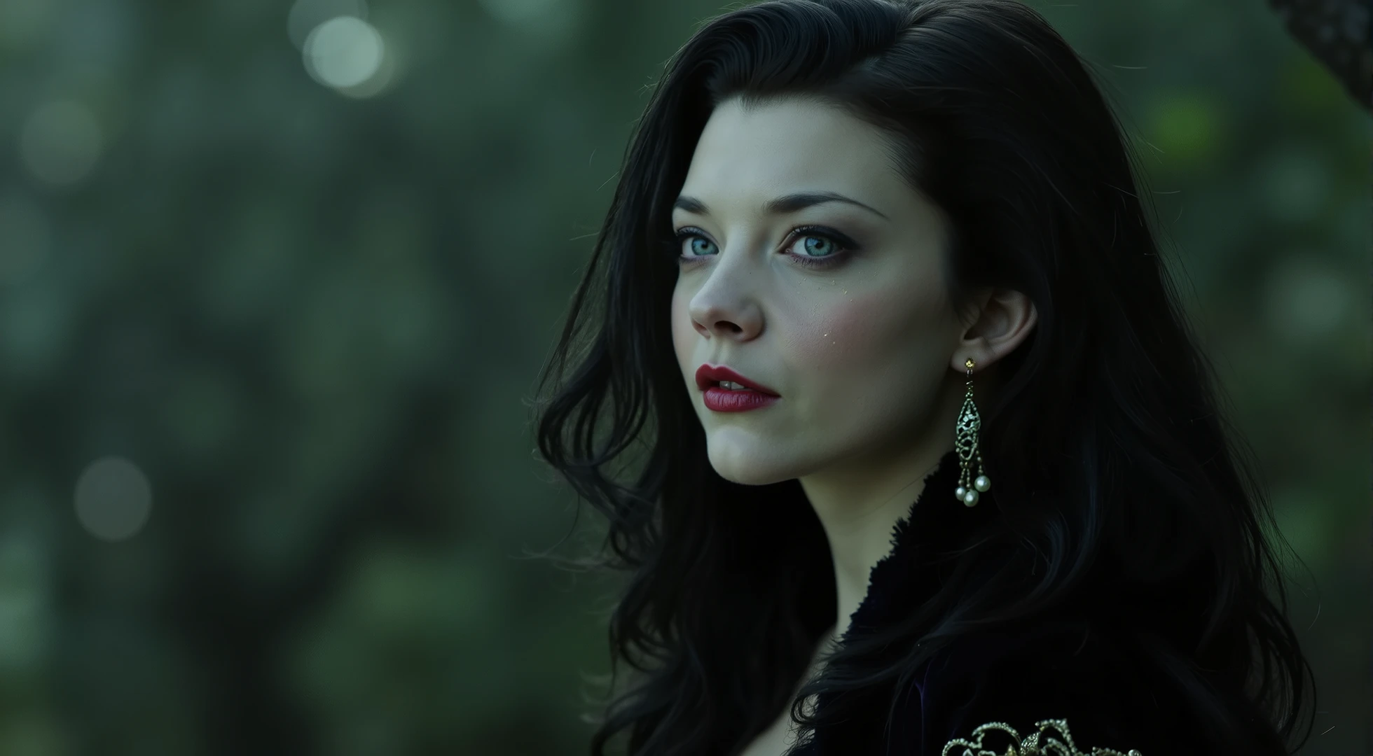 Ultra-realistic cinematic portrait of a beautiful vampire woman with glowing emerald eyes, slightly elongated fangs, pale luminous skin, subtle blood-red lip tint, and long wavy dark hair. Moonlight softly illuminating her face, misty gothic background with bokeh lights, wearing a dark velvet cloak with golden embroidery, fantasy-style earrings, ethereal and mysterious atmosphere, high detail, shallow depth of field, 85mm lens effect, dark romanticism, soft grain.