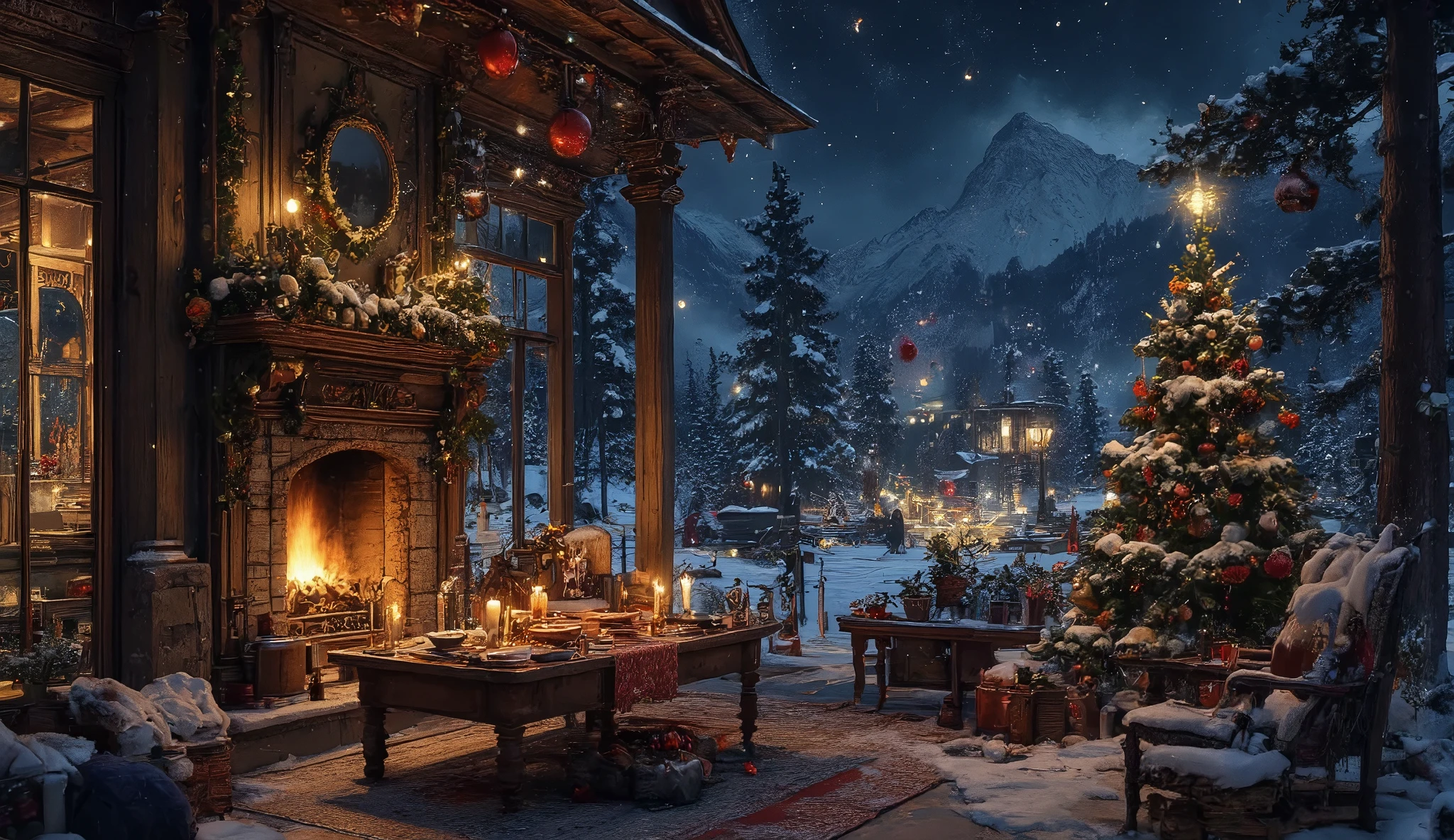 A snapshot A snapshot of a night city scene sparkling with lights decorated in a Christmas theme ,winter at night.black tones t far away there are many small houses that illuminate the snow-covered landscape and pine trees . teaching the Himalayas at night, The contrast of dark night and low light highlights the calm eastern tones. Phong cách tổng thể gợi lên sự ấm áp và thoải mái làng winter at night.black tones t far away there are many small houses that illuminate the snow-covered landscape and pine trees . teaching the Himalayas at night, The contrast of dark night and low light highlights the calm eastern tones. The overall style evokes warmth and comfortThe background scene in the kitchen of a Christmas cabin above the nightdark night sky .InThe photo shows a romantic outdoor setting but surrounded by glass on the sides and a ceiling with accumulated snow , set on a wooden deck next to a frozen lake overlooking pine trees and snow-capped mountains . The space is decorated with burning candles, white and red roses , , a low table covered with white towels, and a variety of food and drink. . There are also soft pillows and a soft blanket on the floor, create cozy spaces . The background shows a frozen lake at night under the light of the lamp with mountains and houses lit in the distance.. The general atmosphere is very serene and intimate, ideal for a romantic picnic or a special occasion, There are balloons and party balloons in the room with the words “two happy months” and also some frames of photos of the Christmas Eve couple. A living room master in a wooden house made two glass rectangles .with a large fireplace and Christmas tree decorated with lights .looking outside the snow-white in the mountain forest.in the distance, several small houses lit with Christmas lights in the forest