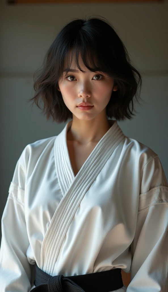 ((highest quality, 8k, masterpiece: 1.3)), Sharp focus: 1.2, Beautiful woman with muscular body: 1.4, Arms hanging down, Slim abdomen: 1.2, ((Layered Haircut, big: 1.2)), Wet body: 1.1, Very detailed顔と肌の質感, Fine Eyes, double eyelid, Sunburned skin, Sunburned, Sweaty skin, 1 girl, Beautiful and perfect face, Bobcut, Intricate details, Cinematic atmosphere, 8k, Very detailed, (Realistic, photoRealistic: 1.37), Very detailed, highest quality, Realistic, Very delicate and beautiful, RAW Photos, (((Professional Lighting)), Facial lighting, Written boundary depth, Single Focus, (((judo))), ((Black belt))、(((super big breasts))) 、公式judo着を着用する), ((Long sleeve)), ((Wear a T-shirt)), (Muscular and healthy), Small Head, (((Beautiful Eyes)), True Face, Realistic face, True Face, Fine Eyes, (Fashionable hairstyles: 1.3), Audience, (Cool Japanese women)), intellectual, Sports, (smile: 1.15), (Mouth closed), fine and Beautiful Eyes, (dojo: 1.3), judo選手, Healthy Body, (short hair: 1.2), short hair, Dark Skin