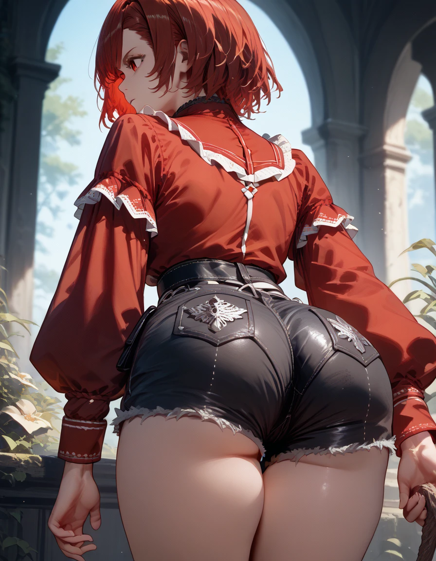 Full color drawing of Kairi from Kingdom hearts facing away from the canera, kairi, backside, back, butt, big butt, skirt, tight skirt, masterpiece, anime,((pussy))