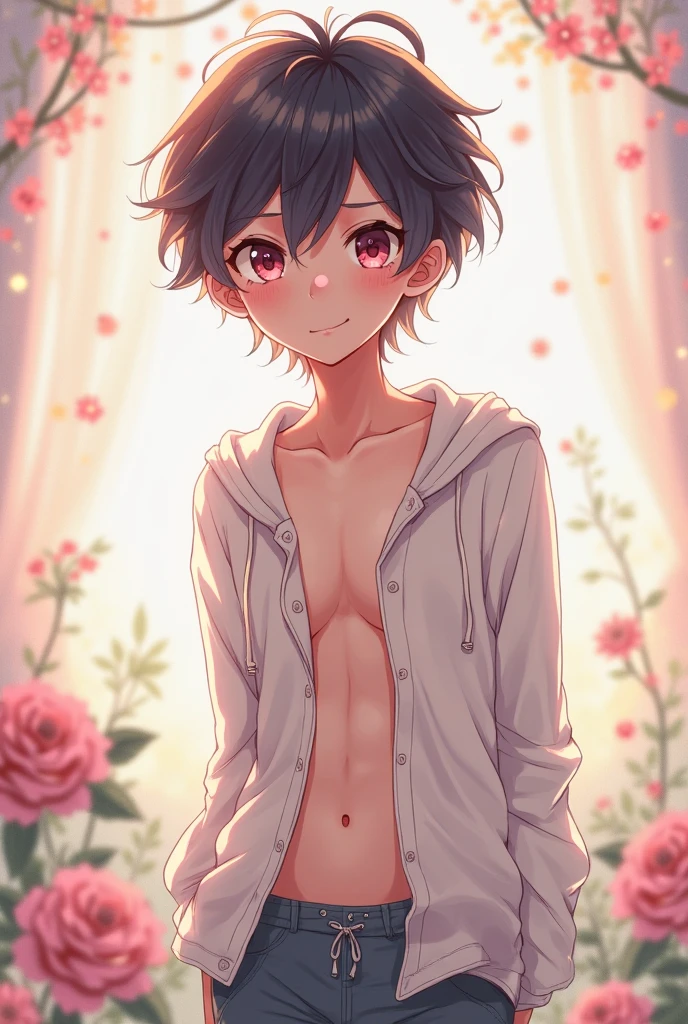 ultra-detailliert, Best Quality, High resolution, ((1girl in)), Looking at Viewer, pale skin, Petite, (Naked), (Very short hair), (flat chest), (Glasses), (blush:1.2), Blue eyes, An embarrassed smile, NSFW, Lying on your back in bed、A dark-haired、Arms up、