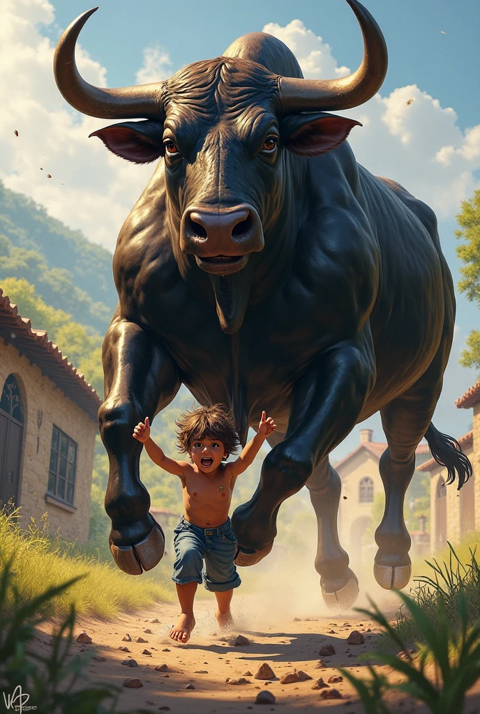  A boy sitting under a buffalo and pulling its nipples is sucking the buffalo.