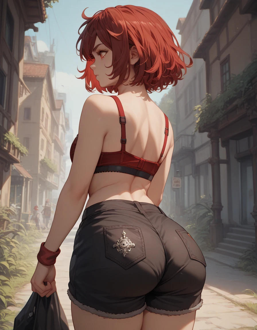 absurdres, highres, ultra detailed, (1 girl: 1.2), (((dark tanned skin: 1.4))), abs: 1.3, round ass, black necklace shoker, unity 8k wallpaper, a woman, wet, water drops, sweat, Dynamism, cinematic shot, intricate details, (lifting jacket: 1.3), grab ass, (visible skin: 1.3), sexy clothes, tease, playful expression, seductive pose, (masterpiece, ultra highres, detailed background:1.5), (intricate surroundings: 1.3), (elaborate scenery:1.3), (rich textures: 1.3), (detailed lighting: 1.2), (dramatic shadows: 1.2), (vivid color palette: 1.2), pool, body twisting, seductive pose, Red hair, Short and ((Spiky) Pixie haircut), bright lighting, cyberpunk