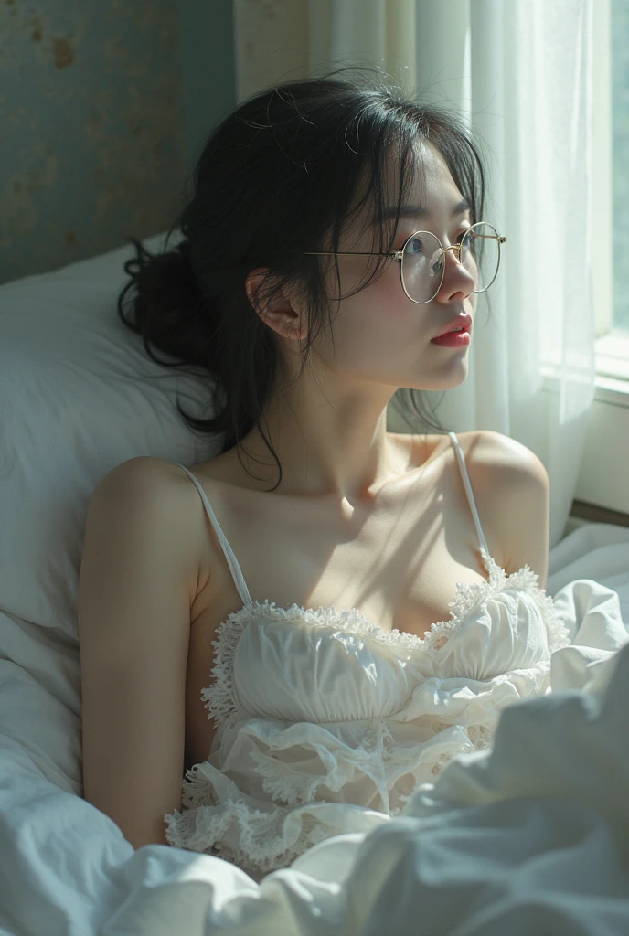 (wide shot, masterpiece, top quality, best quality, extreme detailed, colorful,highest detailed, Dreamy Atmosphere, Bright color, real photo, real skin. Hyper realistic, 1girl, Chinese girl, medium hair, (((naked, nude))), detailed skin, pore, simple background, slender body, lie down on a bed, M-legs positions, above view, arms up, open mouth, pleading eyes, spreading legs, evening time, small breasts, (slightly pubic hair:1.0), (small thight young pussy:1.0), ((whole body shot)), long legs show, pubic hair, small breasts, black round glasses, ((no underwear:1.5))