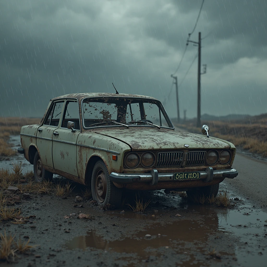 on the street，Car Accident，collapse，There is liquid on the ground，Black liquid，Obvious liquid，Real street background，ruins