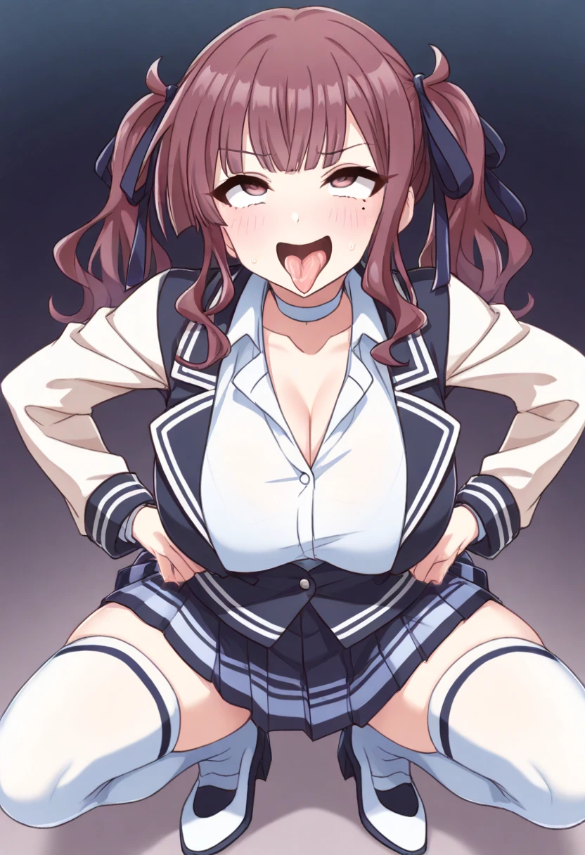 megumin, 1girl, solo, looking at viewer, short hair with long locks, bandaged leg, black hair, red eyes solo, bikini, live stage, Big Breasts, nsfw (See-Through Student Uniform) Nipples Sobbing