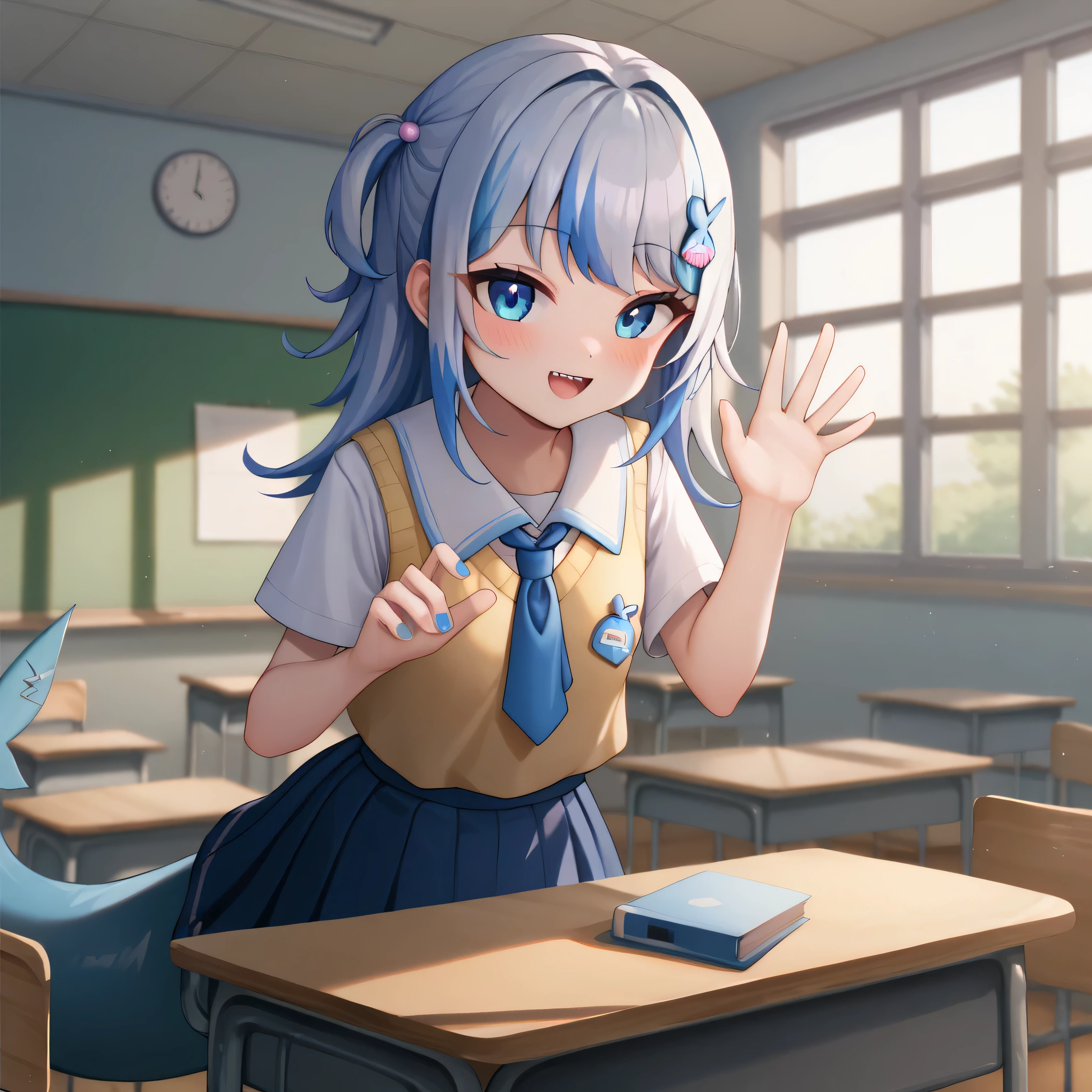 detailed, intricate details, FaceDetail, stunning, masterpiece, score_9, score_8_up, score_7_up, night, midnight, night-time, ruanyi1125, school, classroom, gura_school, blue skirt on desk, collared shirt on desk, necktie, yellow vest on desk, pink bra, blue underwear, shark tail, blue nails, waving hands, mischievous expression, blushing,