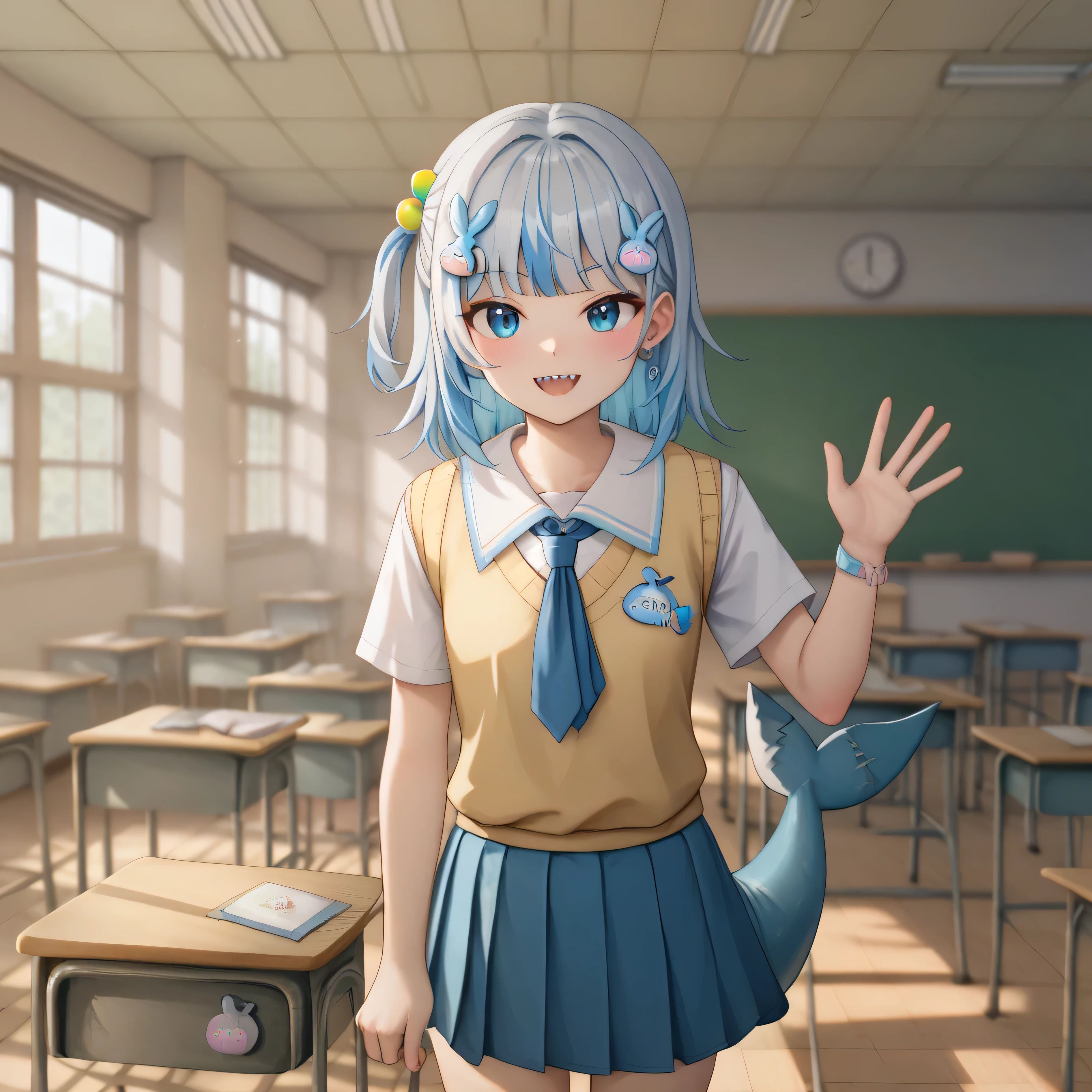 detailed, intricate details, FaceDetail, stunning, masterpiece, score_9, score_8_up, score_7_up, ruanyi1125, school, classroom, gura_school, blue skirt, collared shirt, necktie, yellow vest, unbuttoned shirt, vest pulled down, blue bra, bandaid, shark tail, blue nails, waving hands,