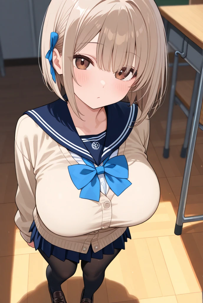 Solo (((best quAltiy)), (Super Detail), 1 Girl,(Huge bust:1.5) Blonde straight hair, School, classroom, white panties 15 years old, Skinny legs, uniform, skirt,Nipple piercing,(The bra is see-through) ear nipple ring, Tongue Piercing, Stud earrings, Black choker, Loose tie, socks, Serafuku, Neppa, Sailor collar, プリーツskirt, 白いsocks, 黒いskirt, 黒いskirt, Short sleeve,shirt,白いshirt,Black Sailor Collar,Blue scarf,ミニランジェリーTshirt,Underbust,Beaded Bracelets,Clenching the wrist,Long fingernails,Open her mouth,Smile,By bangs,Little Brest,,perfect hand,Detailed fingers of the hand,Look up_Al_Viewer,high high quAlity,Rich details,perfect image quAlity,(Embarrassed face:1.5)