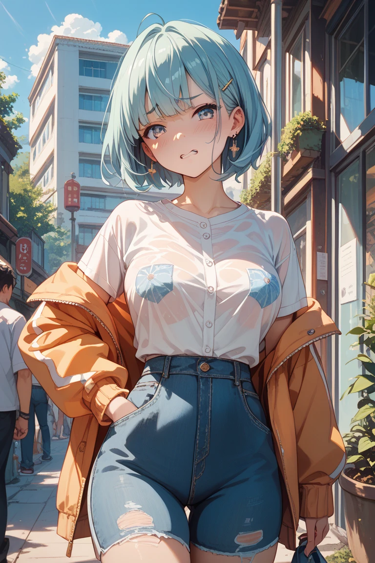 woman, Gray Hair, short hair, Small breasts,Erect nipples, Tight pants, Wear sunglasses.
