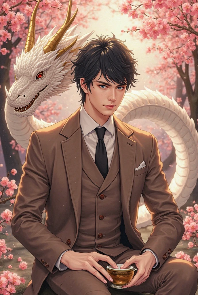 1boy, male, human, dark skin, long black hair, green eyes, black dragon scales, black dragon horns, black dragon wings, narrowed eyes, cat pupils, close up,