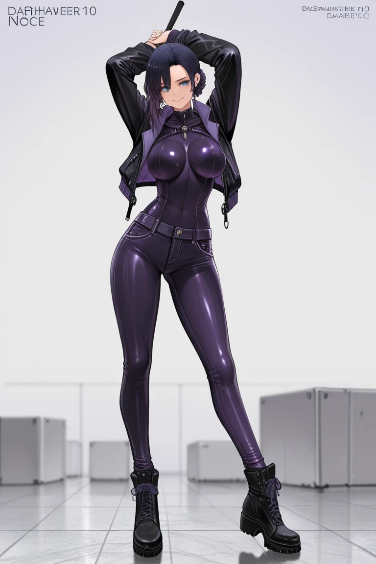 A woman with purple skin, muscular body, fighting pose, red hair, green eyes, oppai