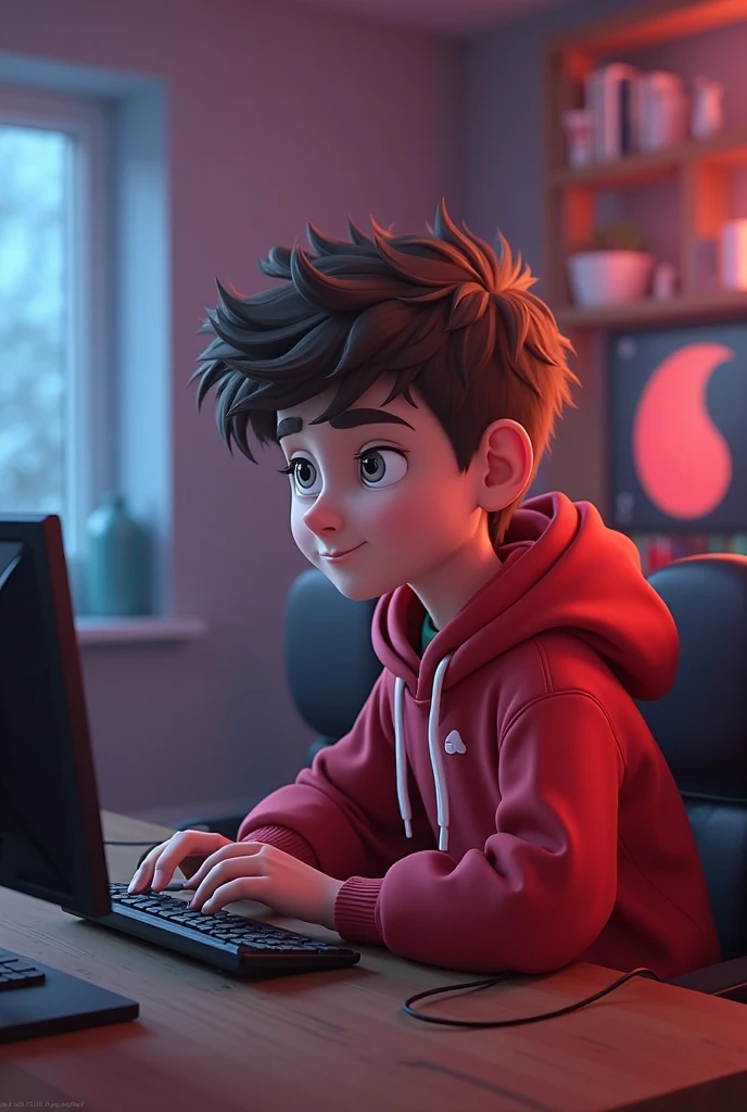 A teenage boy with brown hair playing on the computer in a gamer chair, with your hand on the mouse and the room in the background and facing the computer, he facing the monitor, monitor in front of him 