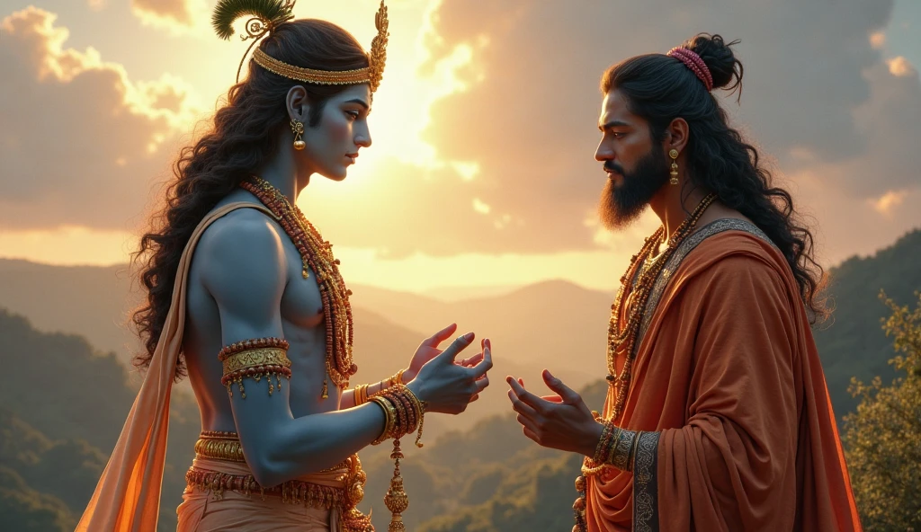 When Jara came closer and saw, he understood that he had injured Lord Krishna
the forest and sat in meditation under a tree. He became very sad and started apologizing. Lord Krishna pacified him and said that all this was part of destiny. After this, Lord Krishna abandoned his earthly body and returned to his divine abode.
Krishna Age: Ageless (eternal)
Clothes: Traditional dhoti and shawl and wire peacock par on his head.
Color: Dark blue or black (often depicted with a yellow dhoti)
Height: Average for a human form, but often depicted as taller than average
जरा (शिकारी)
Age: Middle-aged
Clothes: Simple hunter's attire, rugged and practical
Color: Tanned skin from outdoor living
Height: Average height, stocky build
These characters play significant roles in the narrative, each contributing to the unfolding of events leading to the conclusion of Lord Krishna's earthly incarnation. 3d style realistic image