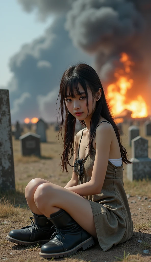 (Top quality,Ultra HD,lifelike: 1.4)(Cowboy Shooter 1),Beautiful armed girl, (K-Pop Idol) ,Detailed face,opposition,Perfect anatomy,Smooth skin,Professional lighting, ((Wearing a leaf-print bikini,High-tech headphones,Black cloth tied around legs),Victory in battle,Smile of victory(background,Beach,Destroyed buildings,Fire, (Huge explosion) ) ,Full body close-up,Get down on your knees,Raise your hands