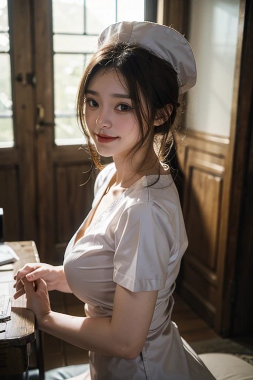 （natta：1.7）， jpn， toyko， CityView， In front of the window，
Stand under the gaze，
maidennurse，maid headdress，Maid black apron，maid_Dress，
brown_eyes，brown_hair，pigtails，
1个Giant Breast Girl，20yr old，a mature female，Beautiful Finger，Beautiful long legs，beaturiful body，beautiful nose，Beautiful character design，perfect  eyes，s the perfect face，
looking at viewert，Light_Smile，
NSFW，offcial art，the Extremely Detailed CG Unity 8K Wallpapers，Perfect lighting，extremely colorful，Bright_Front_face_Lighting，
（tmasterpiece：1.0），（best_quality：1.0）， 超A high resolution，4K，hyper-detailing，
photography of， 8K， HDR， A high resolution，， Kodak Portra 400， filmgrain， The background is blurred out， bokeh：1.2， Lens glare， （vibrant_color：1.2）
（big breasts beautiful，large_Breasts：1.4）， （beautiful_face：1.5），（narrow_waist），