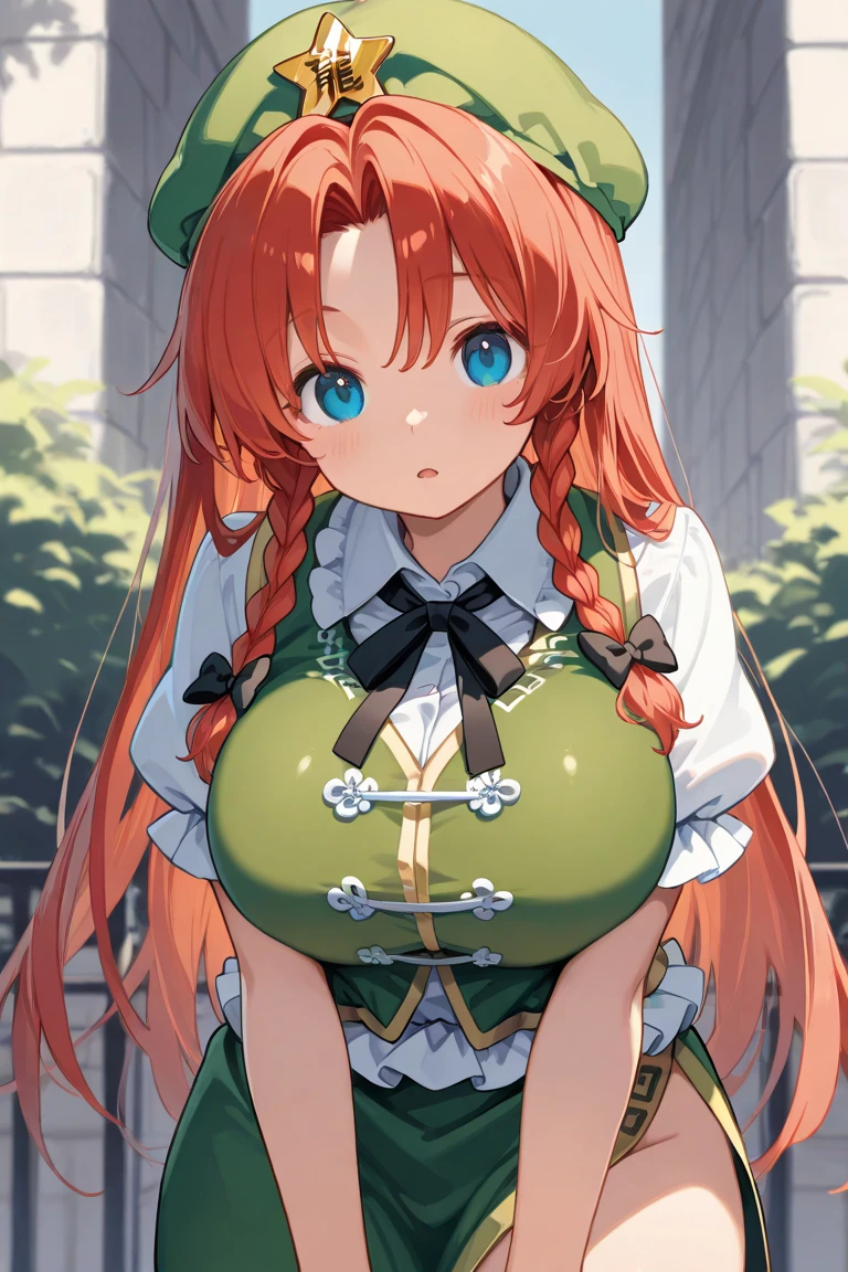 (extremely detailed), (masterpiece), (best quality), (ultra-detailed), (best illustration), (best shadow), (absurdres), (detailed background) Hong Meiling, 1girl, solo, long hair, red hair, braids, smile, blue eyes, green vest, green skirt, green beret, green hat, gold star, anime coloring, big breasts, cleavage, portrait, night time, front gate, red brick walls