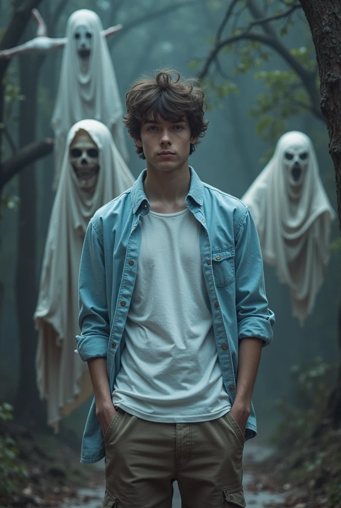 masterpiece, noise reduction, one boy, Best quality, sharp image, permission 8k, sharp image, Just focus, stunning composition, volumetric lighting, super quality, Very detailed, young very thin guy 18 years old, European, pale skin, black curly hair, tired look, grey eyes, bags under the eyes, in a black sweatshirt, in blood, crazy smile, surrounded by scary ghosts, horror, a nightmare, horror