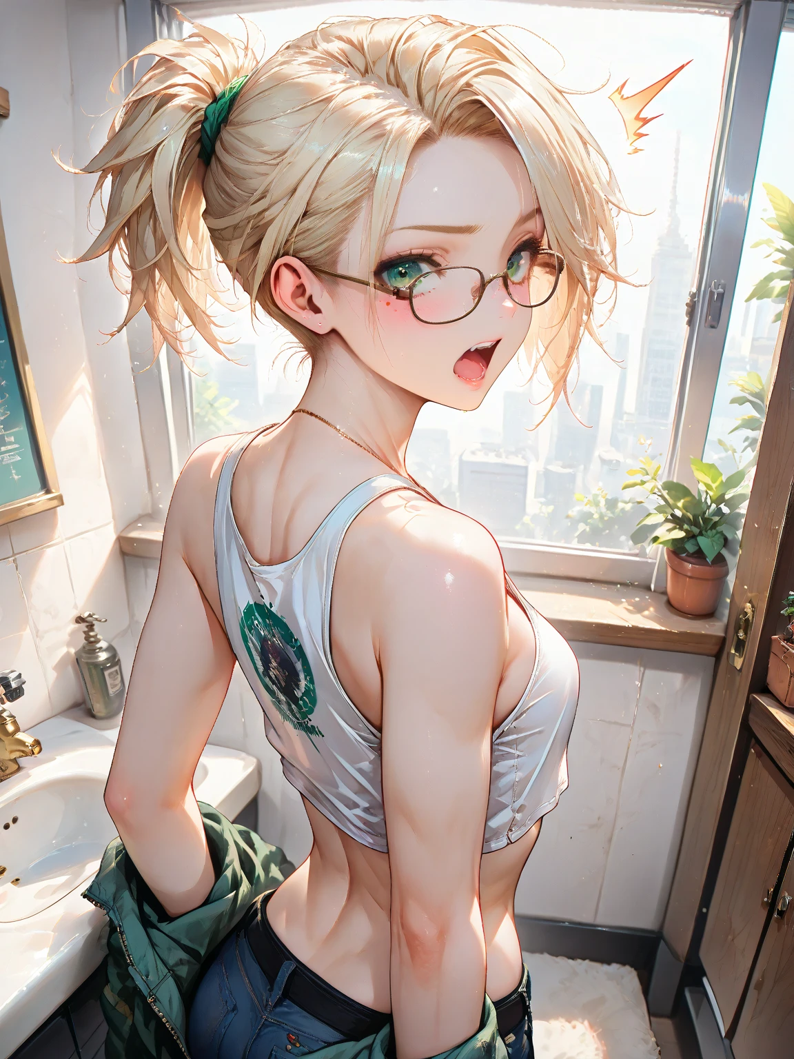 1girl, bangs, body, 13 year old girl, blonde hair, cleavage, mouth, small breasts, ass facing the viewer, back to screen, smile, tight, micro shorts 1.4, Ultra HD |, 4k image, glasses , character near the camera
