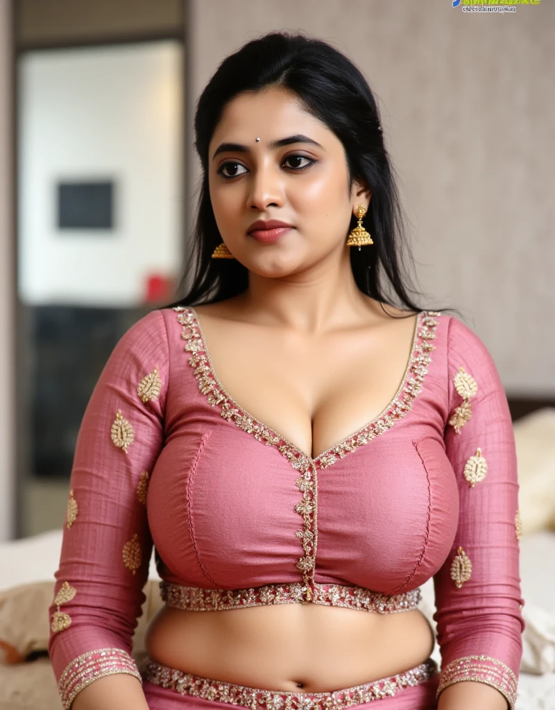 high quality, coles up photo of a woman, medium chubby body, wearing indian clothes,in living room ,indoor, Closeup Shot, perfect eyes, at Caves , Ambiant light, Cinematick Shot, lens 85 mm , bokeh Background, priyama,big ,charming face,Pink Crop top, big breasts with bra