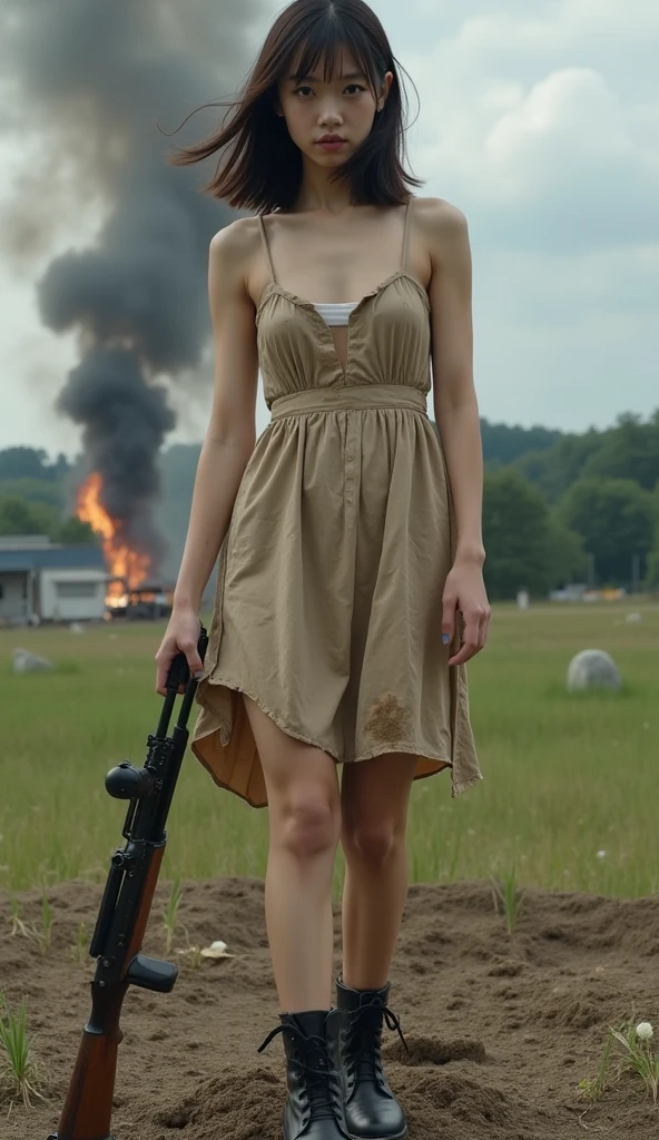 A beautiful, tall, short-haired 25-year-old British woman, Jenny Agutter, Tank top and white lace panties, Hold a machine gun, Standing in a burning forest, Full body angle, A plane crashes, bursts into flames and explodes into debris, National Geographic Photos, Elevation, Art inspired by Gregg Lutkowski, Perfect Female Anatomy, Art Station HQ Art Germ with trendy sharp focus and smooth finish