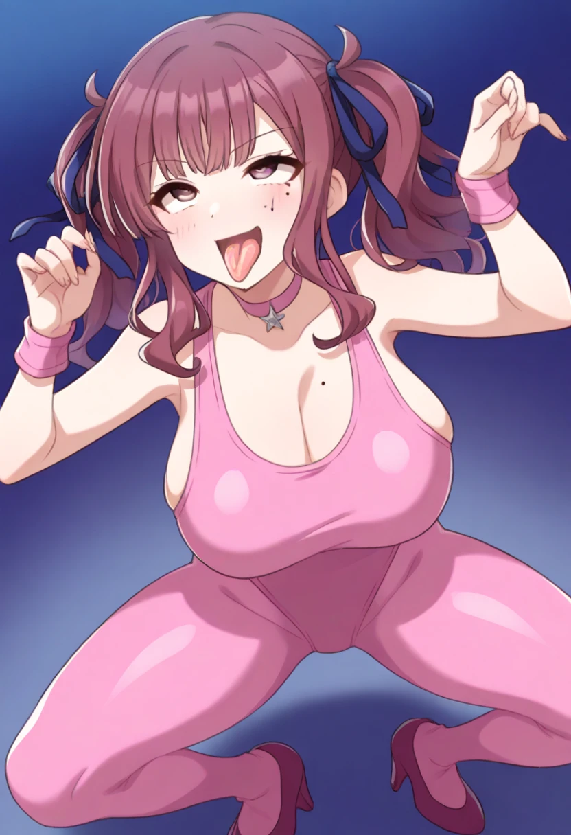 masterpiece, 1 girl, alone, long hair, Braid, looking at the viewer, big breasts, mature woman, blush, smile, open your mouth, brown hair,Braidポニーテール, lilac eyes, gold strapless pothole tube dress,pink bed, pocket, mature woman, panty line,cleavage,bare chest,big nipples,place your hands behind your head,Crab crotch,spread your legs,armpit sweat,My whole body is sweaty,long erect nipples,sigh,Strange odor from the armpits,Ahegao