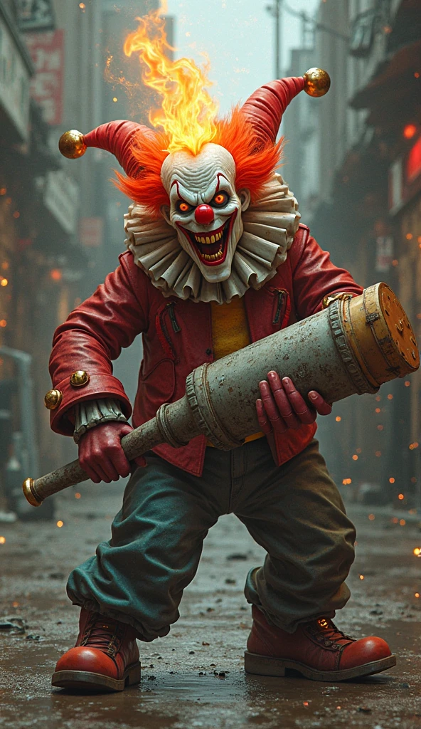 A clown in a firefighter's suit, with fire coming out of his hands