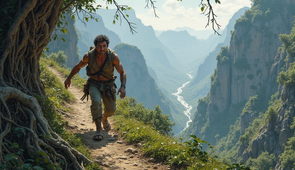 a tall, handsome, young, and strong Filipino warrior hunter holding a spear with mountain on the background 