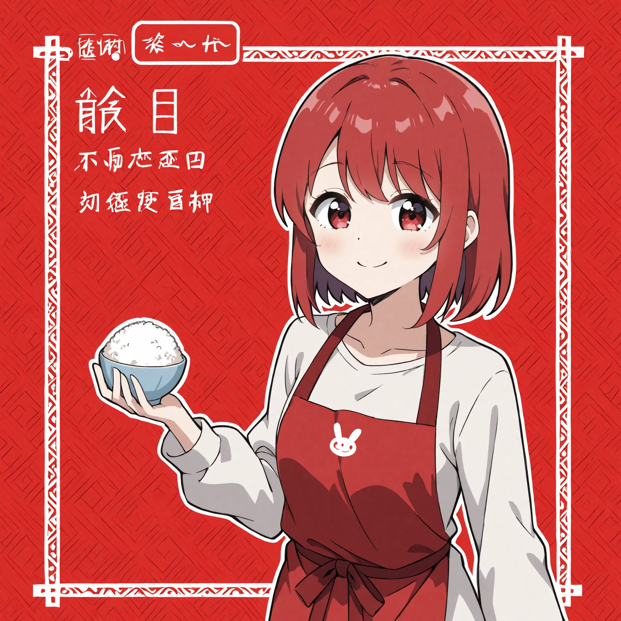 LINE icon。cute illustration、Mother in the style of Sazae-san、red apron with red background、He holds a rice bowl with a mountain of rice in his right hand。smile。background is plain。