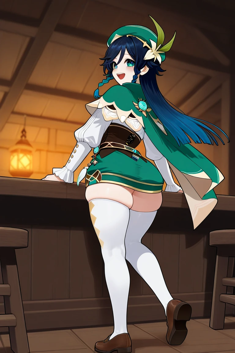 venti (genshin impact), happy, long straight hair, tavern, , posing, thick thighs, brown shoes, back shot,